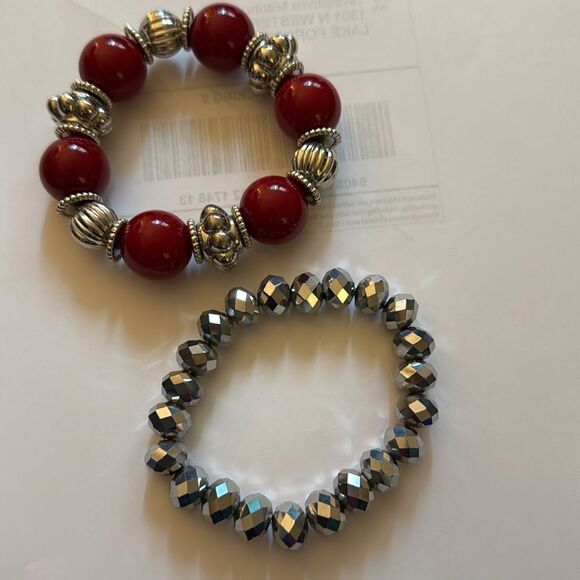 Red and Silver Beaded Stretch Bracelets Set of 2 - Picture 5 of 5